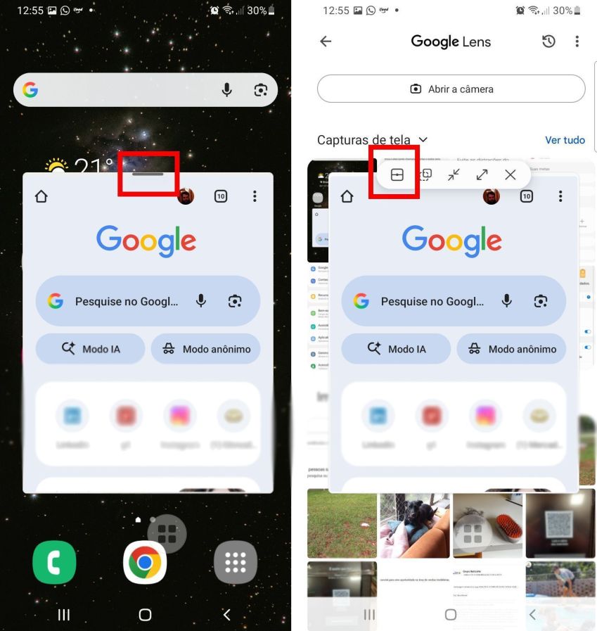 Clique no cone para dividir as telas e usar dois apps ao mesmo tempo. • Crditos: Reproduo/Google