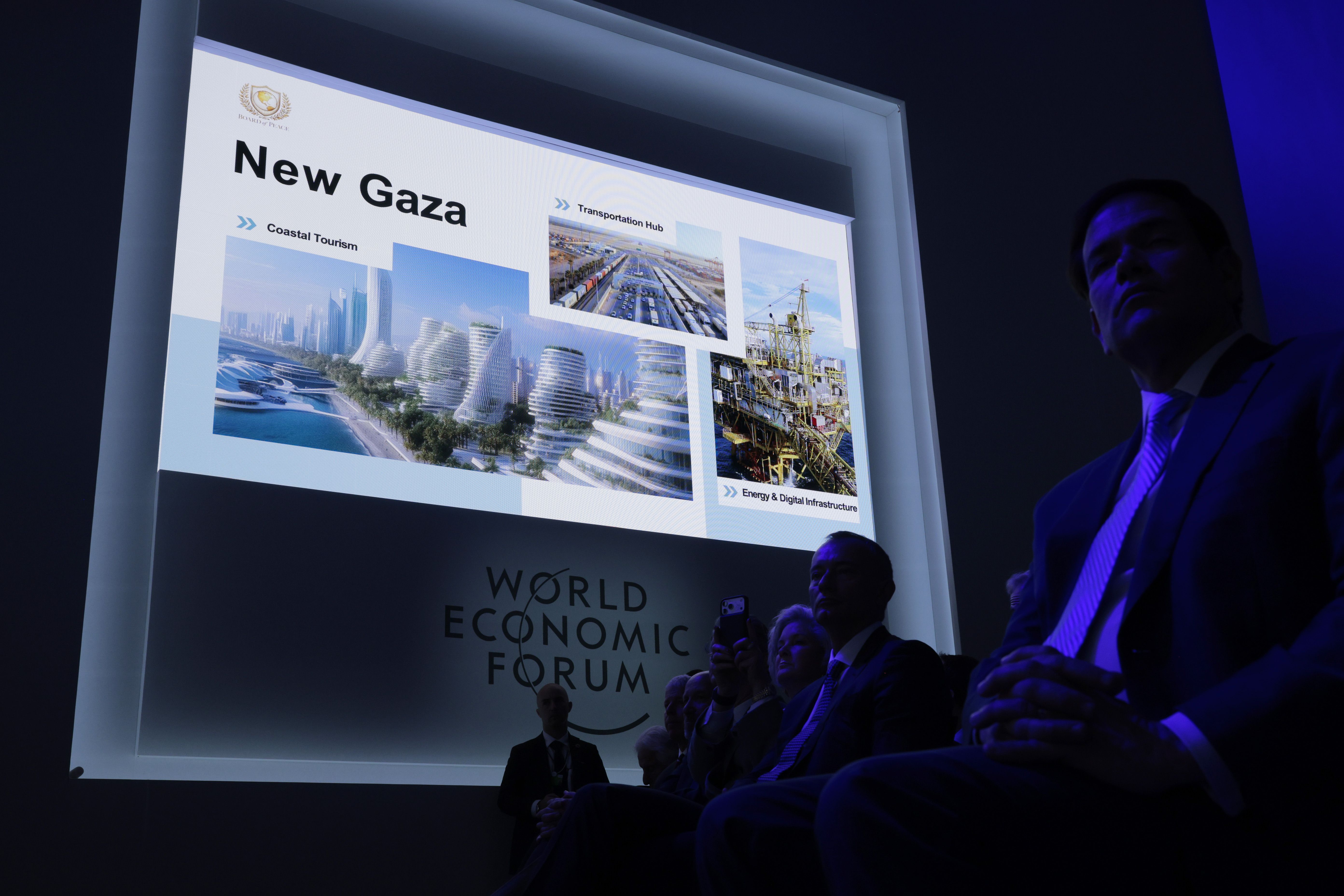 Um plano para a reconstrução de Gaza é mostrado na tela depois que o presidente dos EUA, Donald Trump, apresentou o “Conselho da Paz” no Fórum Econômico Mundial (WEF) em 22 de janeiro de 2026 em Davos, Suíça • Chip Somodevilla/Getty Images
