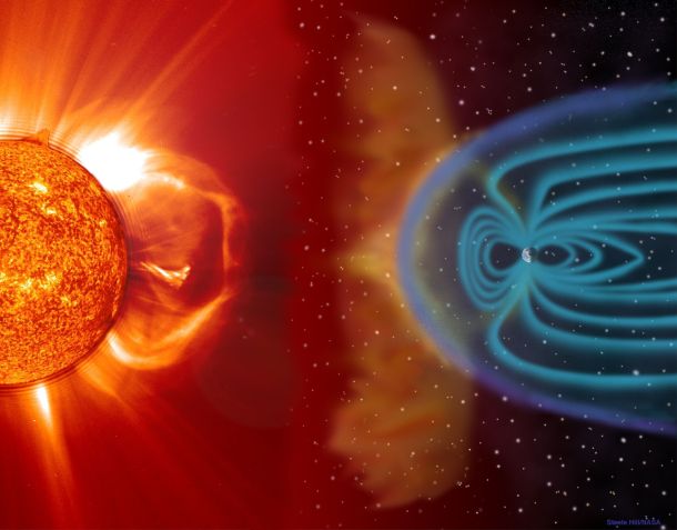 Representação de tempestade solar lançando material em direção à Terra • NASA/GSFC/SOHO/ESA