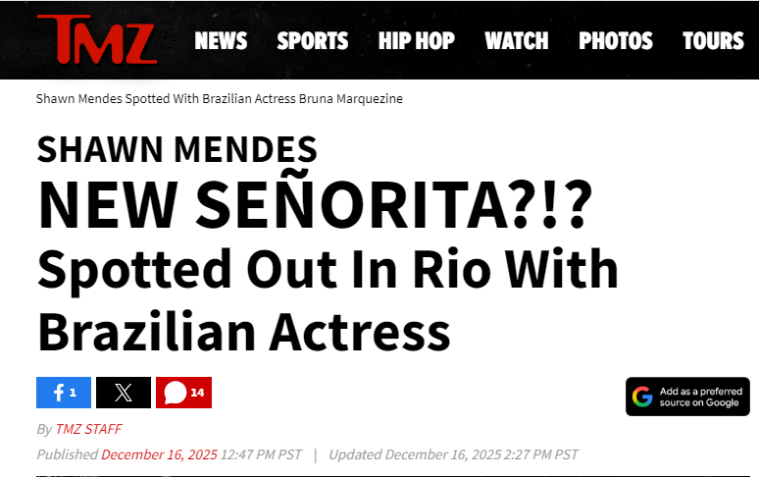 Publicação de dezembrocomo a seguinte chamada: "Nova 'señorita de Shawn Mendes? Ele foi visto no Tio com atriz brasileira" • Reprodução/ TMZ