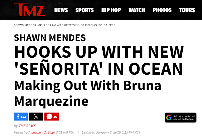 Nova publicação com a seguinte chamada: "Shawn Mendes é visto no oceano com 'nvca señorita', ele foi visto ficando com Bruna Marquezine" • Reprodução/ TMZ