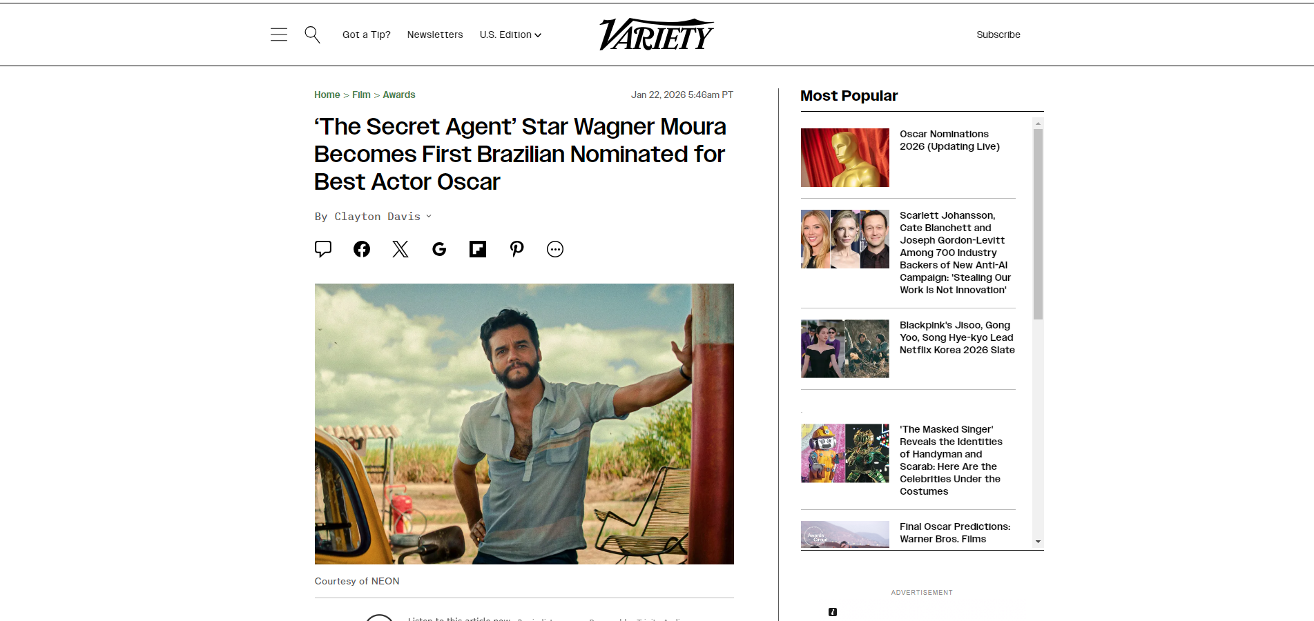 Variety repercute indicações brasileiras ao Oscar 2026 • Reprodução