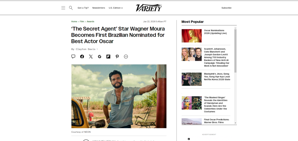 Variety repercute indicações brasileiras ao Oscar 2026 • Reprodução