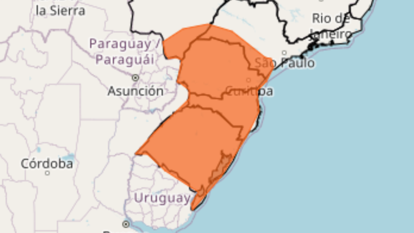 Alerta foi emitido para o Paraná, Santa Catarina e Rio Grande do Sul • Inmet/Reprodução