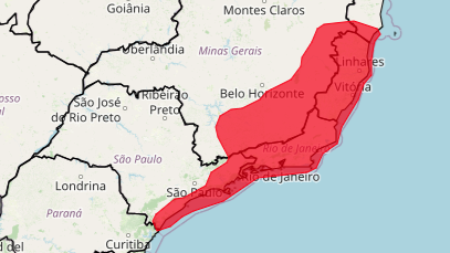Inmet (Instituto Nacional de Meteorologia) emitiu alerta vermelho, o mais alto nível de severidade, para acumulado de chuva em áreas do Sudeste até a próxima sexta-feira (27) • Instituto Nacional de Meteorologia/Reprodução