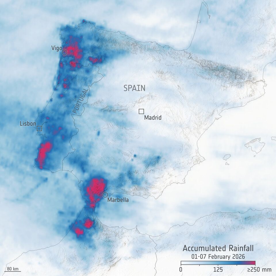 mapa mostra a precipitação na Península Ibérica • Divulgação/ Global Precipitation Measurement (GPM)
