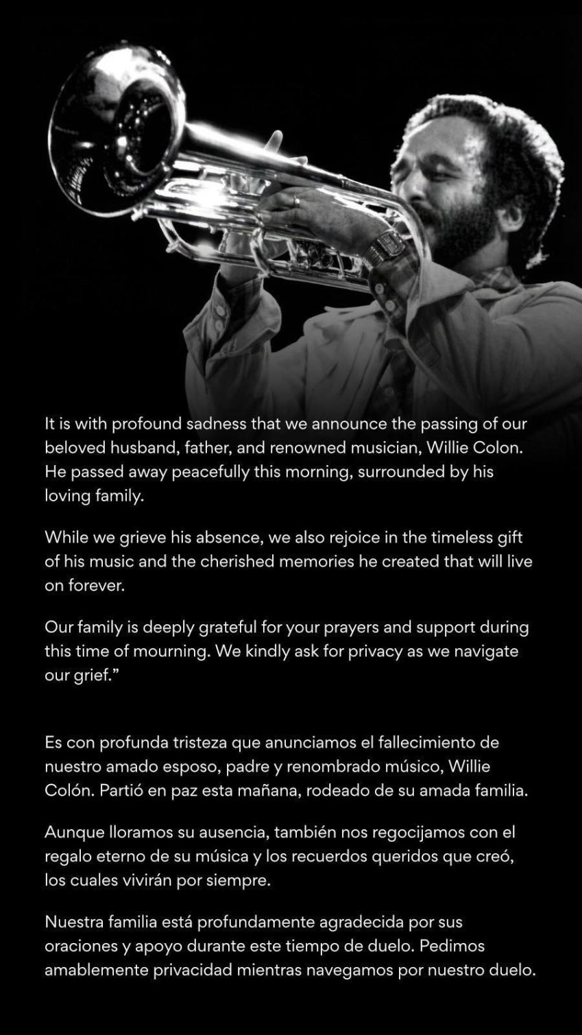 Anúncio da morte do cantor Willie Colón nas redes sociais • Reprodução/ Facebook