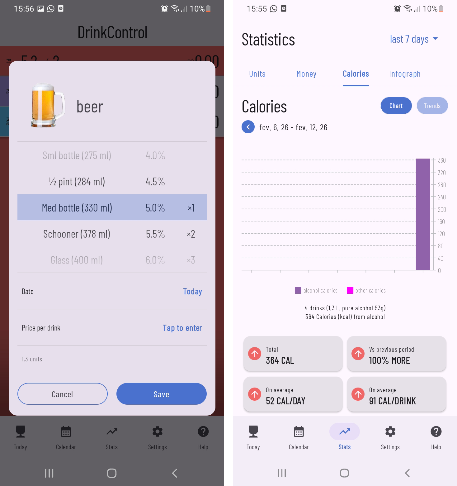 Você pode colocar exatamente a quantidade que bebeu no DrinkControl, e escolher entre diversas opções de bebidas alcóolicas. • Créditos: Reprodução/DrinkControl