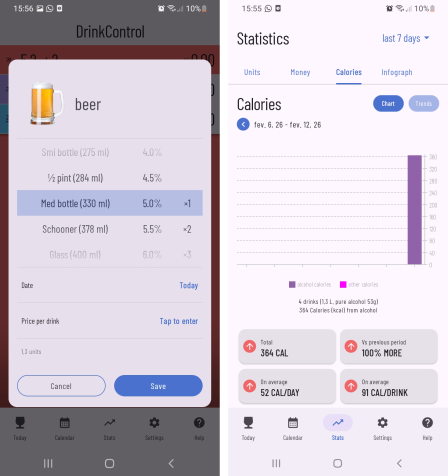 Você pode colocar exatamente a quantidade que bebeu no DrinkControl, e escolher entre diversas opções de bebidas alcóolicas. • Créditos: Reprodução/DrinkControl