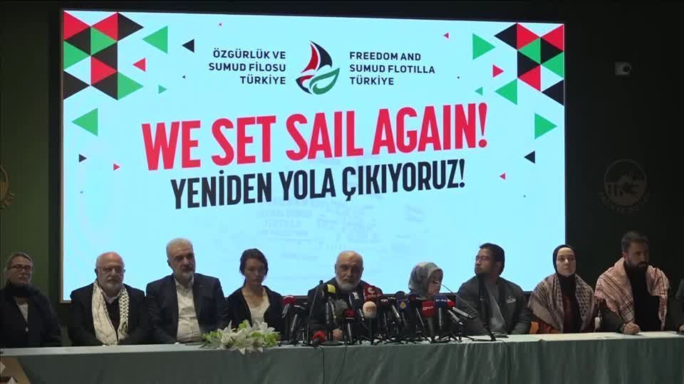 Ativistas pró-palestinos em coletiva de imprensa sobre nova flotilha para Gaza