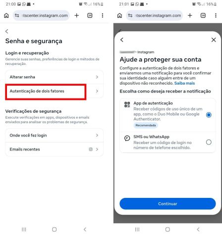 O Instagram oferece dois tipos de métodos de verificação em duas etapas • Reprodução/Google
