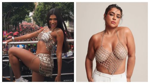 Montagem de fotos mostra a cantora Pocah no Bloco da Favorita, no Rio de Janeiro, neste sábado (7); do outro lado, a homenageada Preta Gil, em foto de 2024