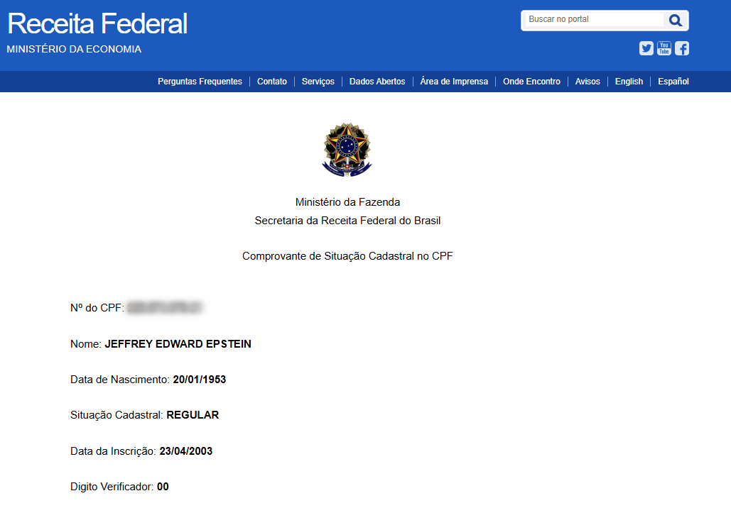 Comprovante de CPF no nome de Jeffrey Epstein • Reprodução/Receita Federal