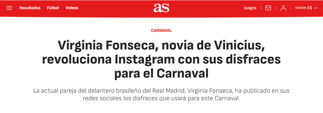 Manchete do jornal Às sobre o look de Virginia inspirado em Luma de Oliveira • Reprodução/Às