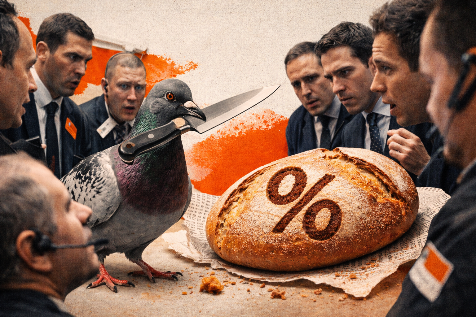 Ilustração de um pombo segurando uma faca ao lado de um pão com sinal de porcentagem rodeado por operadores de bolsa