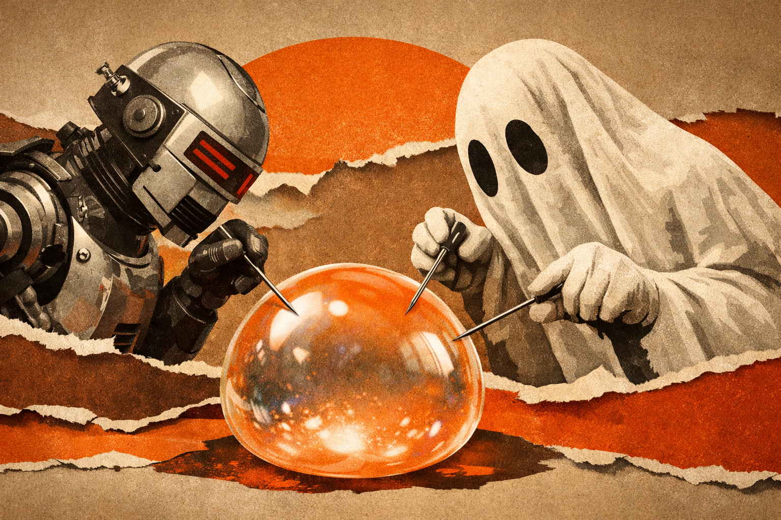Ilustração de um robô e um fantasma segurando alfinetes em cima de uma bolha