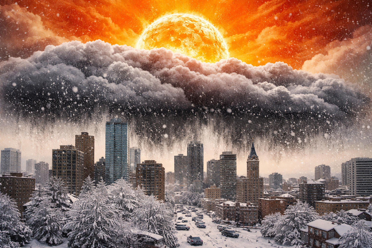 Ilustração de uma nuvem com nevasca sobre uma cidade e um sol escaldante acima dela