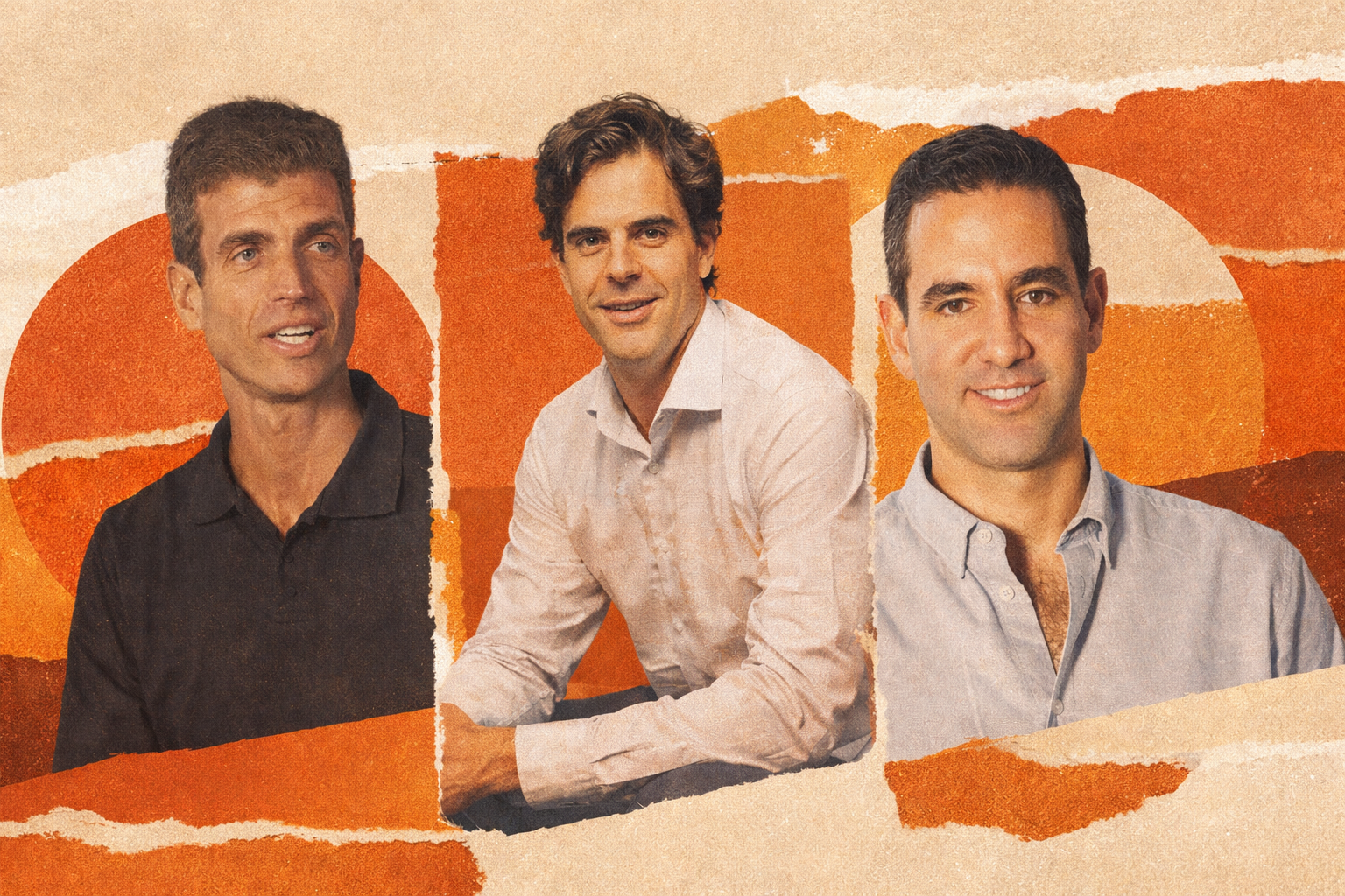 Ilustração de André Street, da Stone, Guilherme Benchimol, da XP, e David Vélez, do Nubank