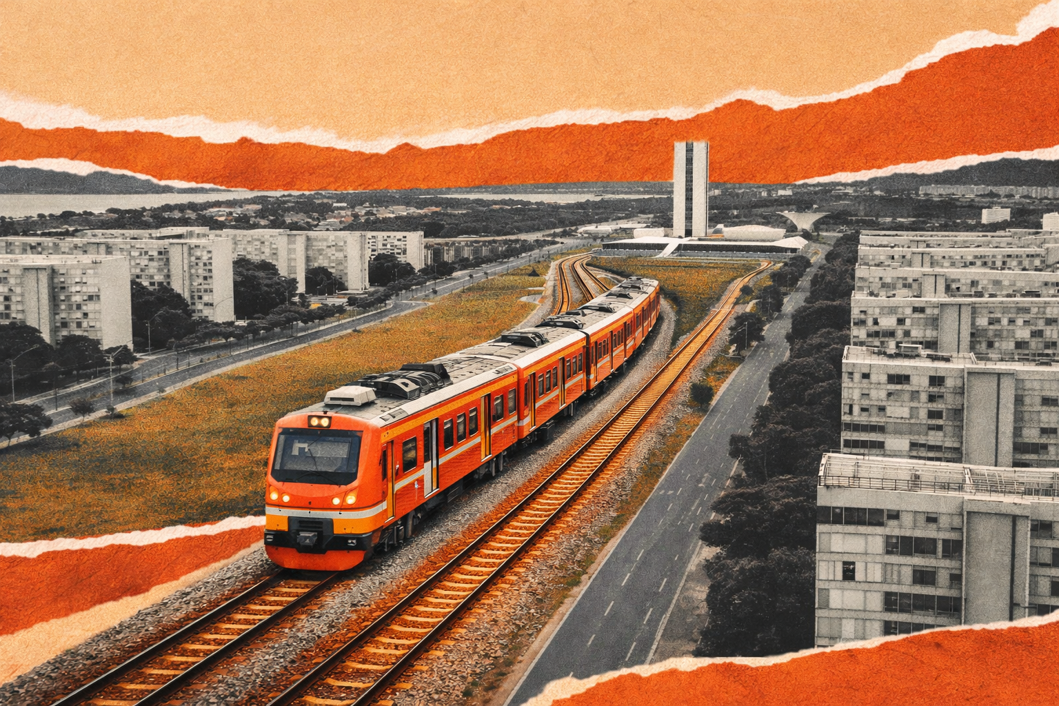 Ilustração de um trem passando pela Esplanada dos Ministérios