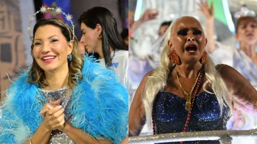 Montagem com as imagens da primeira-dama Janja e Fafá de Belém no 1º dia de desfiles do Carnaval do Rio