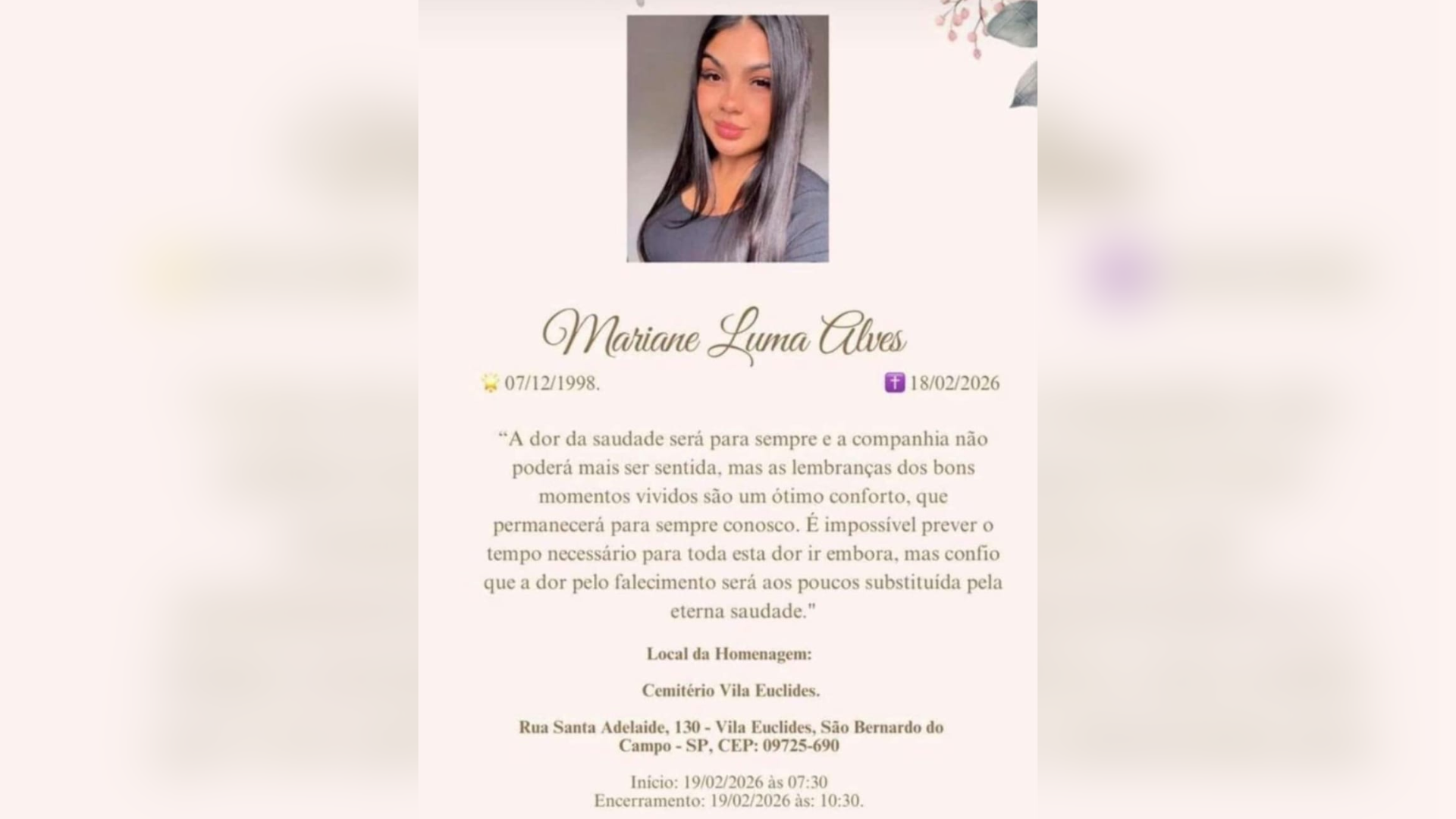 Familiares e amigos se despediram de Mariane nesta quinta-feira (19) • Reprodução