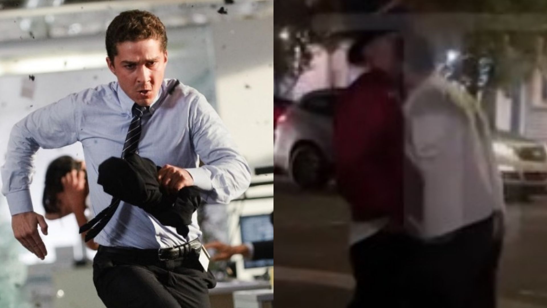 Montagem mostra Shia LaBeouf como Sam Witwicky em "Transformers: O Lado Oculto da Lua", à esq.; à direita, vídeo mostra suposto momento da agressão
