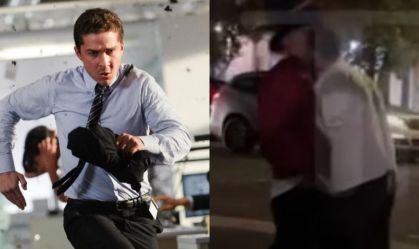 Montagem mostra Shia LaBeouf como Sam Witwicky em "Transformers: O Lado Oculto da Lua", à esq.; à direita, vídeo mostra suposto momento da agressão