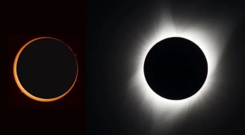 Fotos de um eclipse anular (à esquerda) e um eclipse solar total (à direita) • Stefan Seip, 2005/Aubrey Gemignani, 2017/NASA