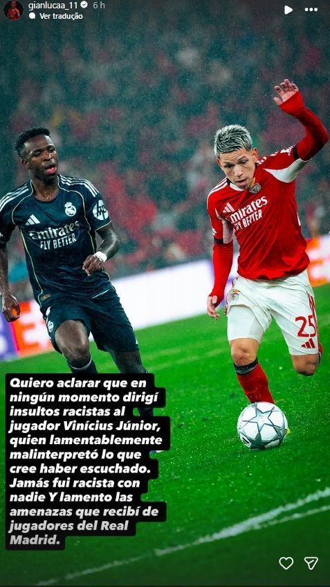 Gianluca Prestianni nega racismo contra Vini Jr. • Reprodução