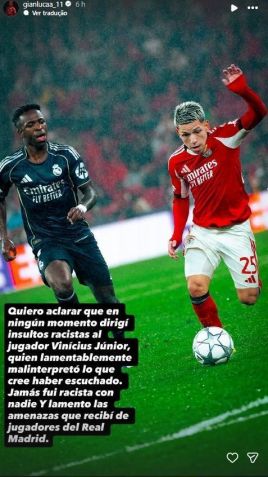 Gianluca Prestianni nega racismo contra Vini Jr. • Reprodução