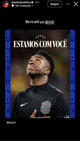 Lewis Hamilton para Vinicius Júnior: ‘Estamos com você, Vini Jr.’ • Divulgação/Lewishamilton
