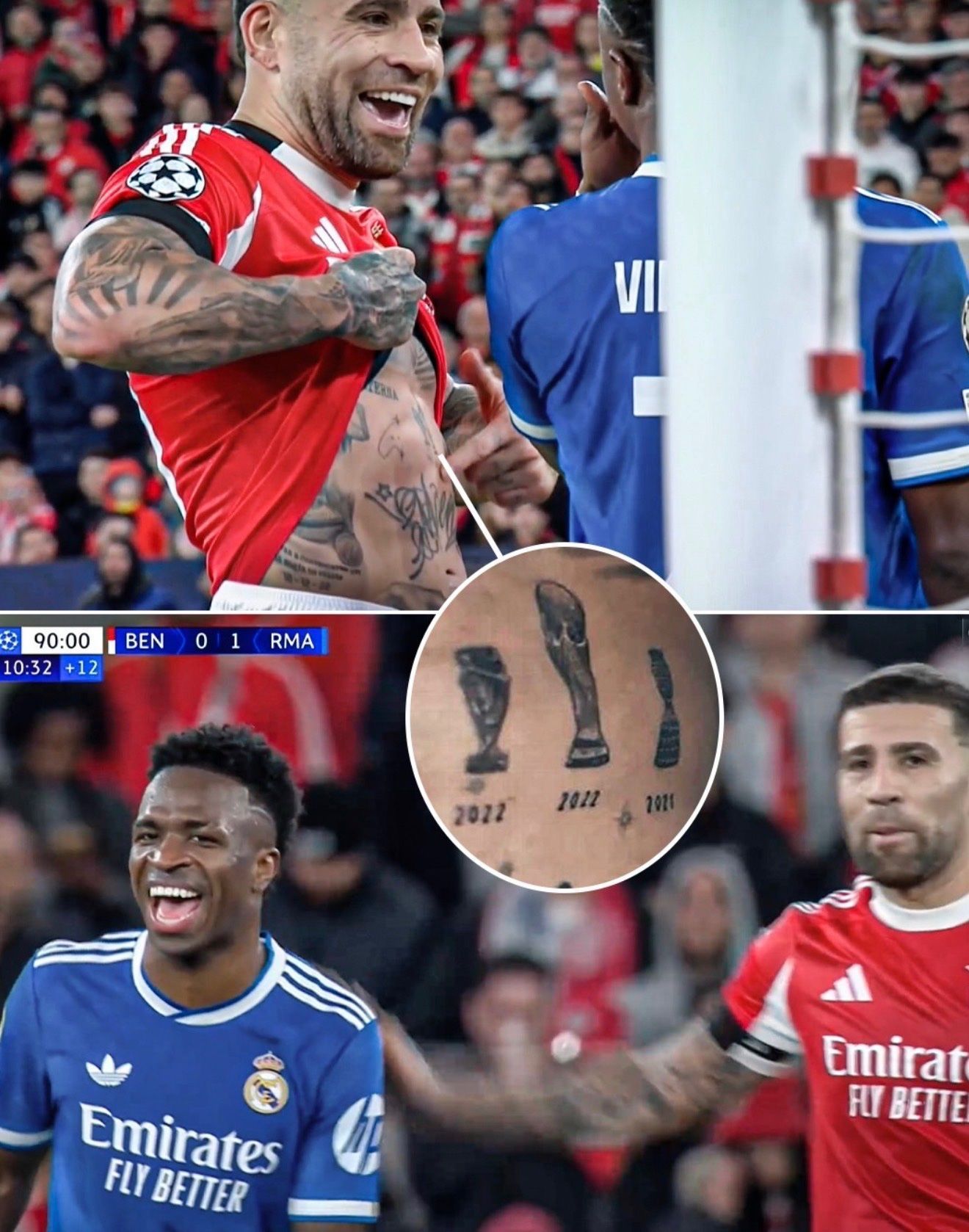Otamendi mostra tatuagens para Vini Jr.
