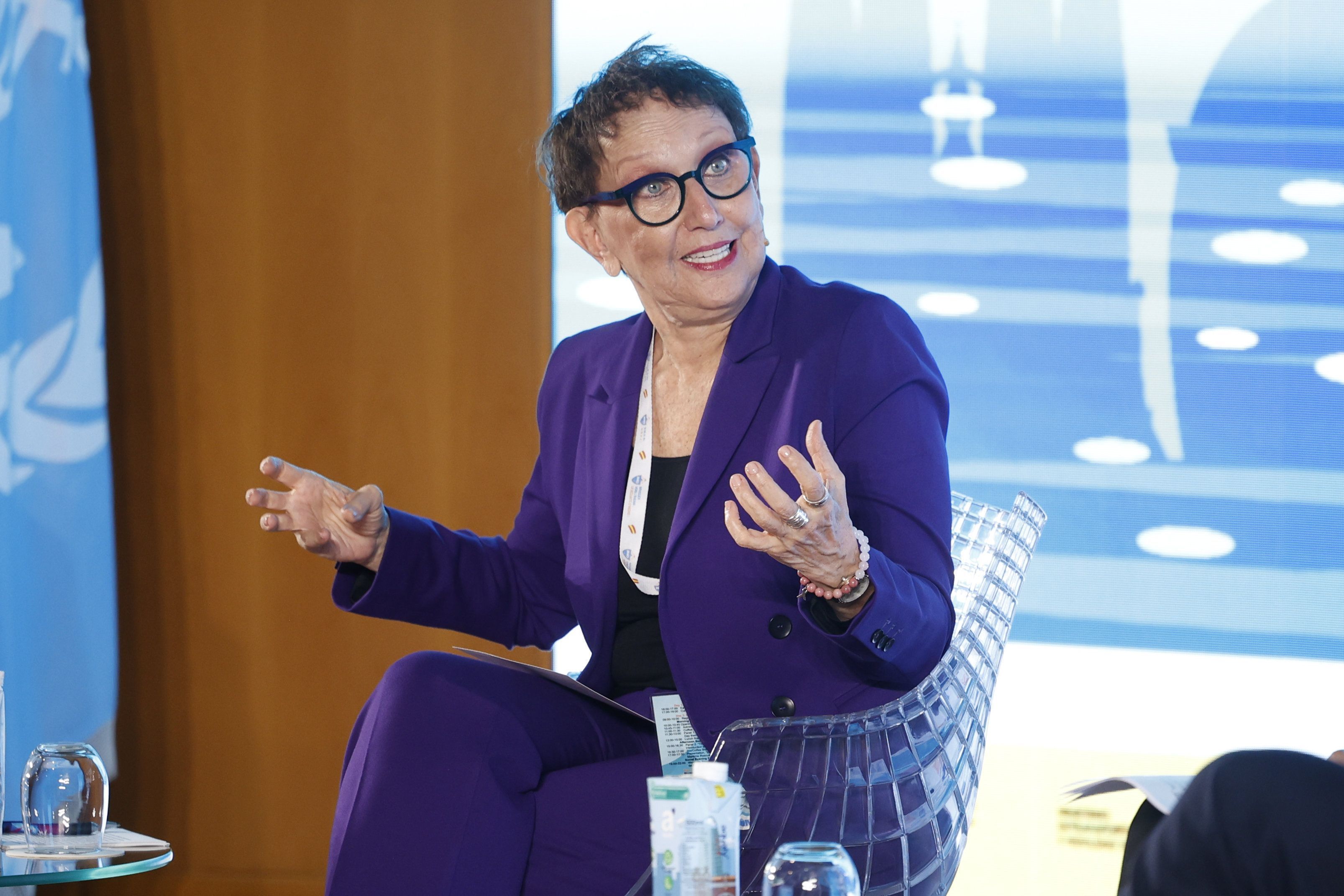 A secretária-geral da UNCTAD (Comissão das Nações Unidas sobre Comércio e Desenvolvimento), Rebeca Grynspan, durante a abertura do Dia Marítimo Mundial, em 21 de outubro de 2024, em Barcelona, ​​Catalunha, Espanha. • Kike Rincon/Europa Press via Getty Images