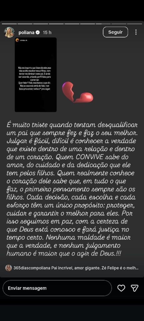 Stories em que Poliana defende o filho Zé Felipe 