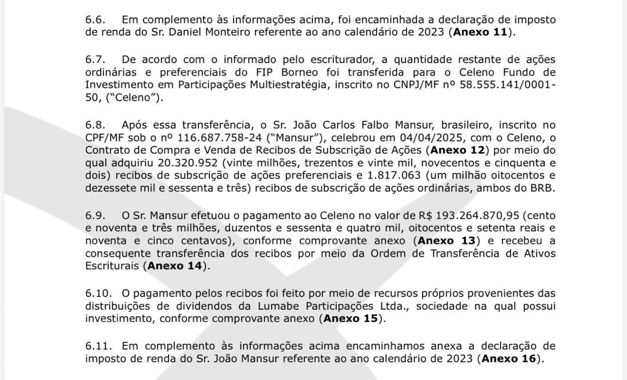 Mansur adquiriu ações do BRB por meio do fundo Celeno, administrado pelo Master • Reprodução