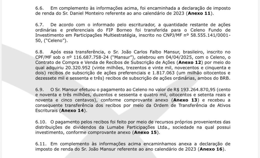 Mansur adquiriu ações do BRB por meio do fundo Celeno, administrado pelo Master • Reprodução