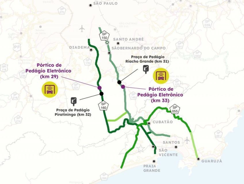 Mapa com localização dos pórticos eletrônicos e das praças de pedágio no sistema Anchieta-Imigrantes • Divulgação/SSP
