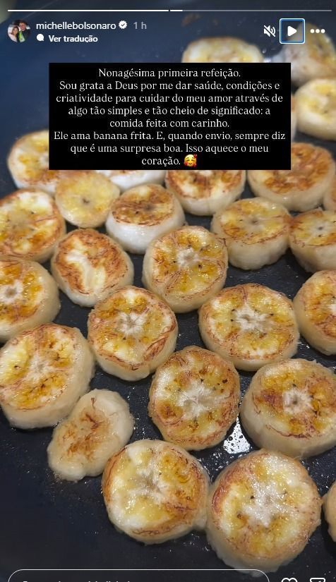 Michelle Bolsonaro compartilhou receita com banana frita nas redes sociais • Reprodução/Instagram