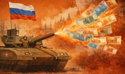 Ilustração de um tanque com a bandeira da Rússia atirando notas de rublo