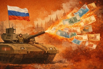 Ilustração de um tanque com a bandeira da Rússia atirando notas de rublo