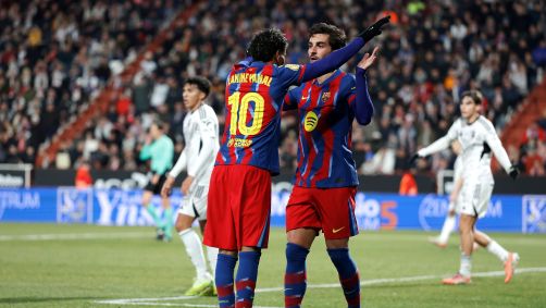 Jogadores do Barcelona comemoram contra o Albacete