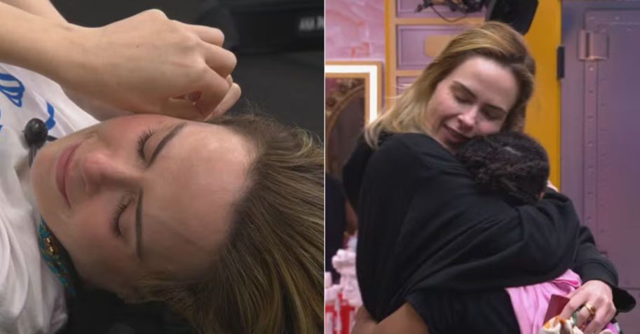 Ana Paula Renault chora ao lembrar do pai enquanto troca piercings e é recebida por Milena ao final do Barrado no Baile do BBB 26 • Reprodução/Globoplay