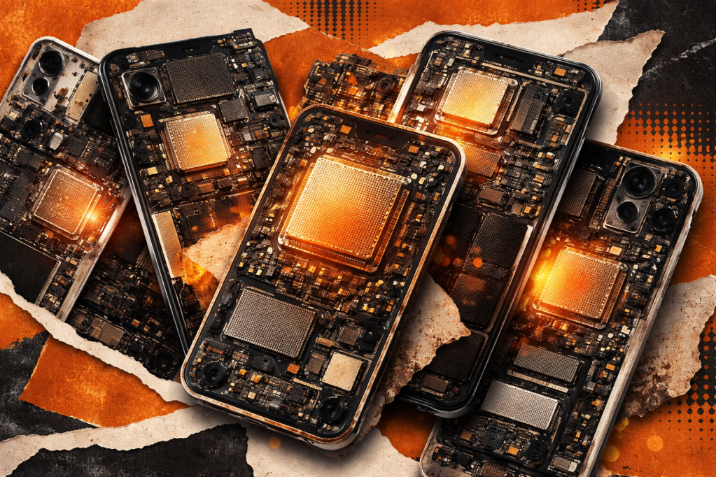 Close-up de chips de memória DRAM da SK Hynix, simbolizando a tecnologia de semicondutores e a crise de chips.