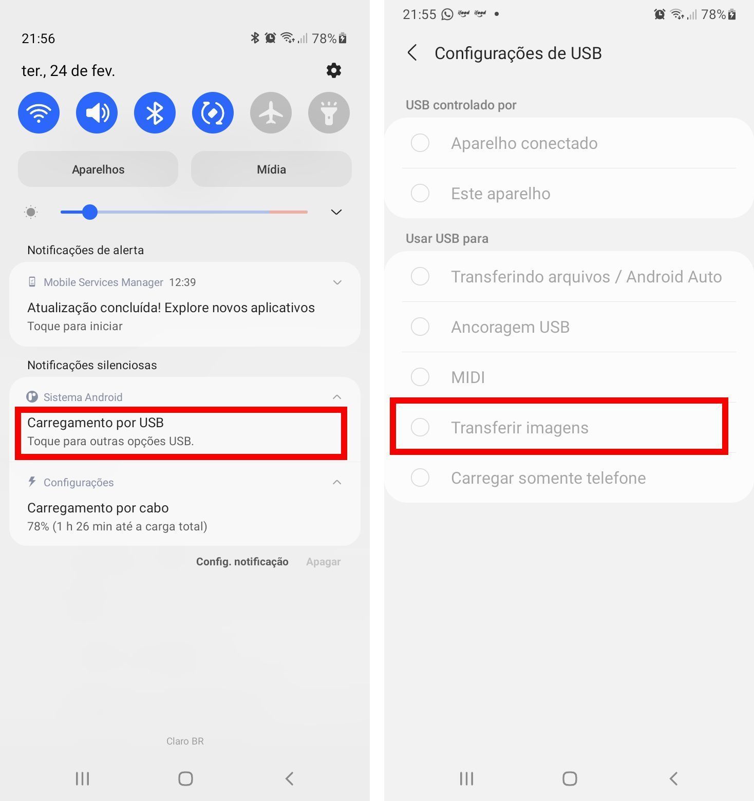 No seu smartphone Android, escolha a opção de transferência de arquivos. • Créditos: Reprodução/Google