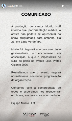 Murilo Huff cancela show após ser diagnosticado com gastroenterite • Instagram/Murilo Huff