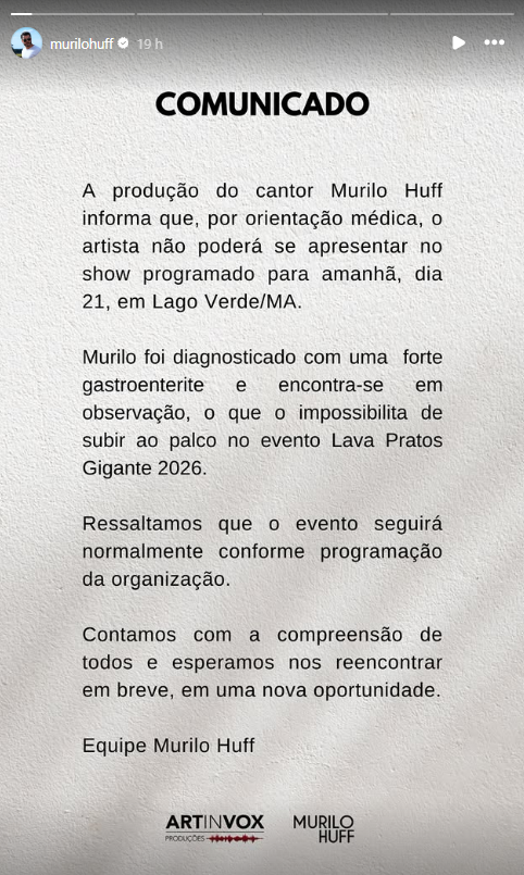 Murilo Huff cancela show após ser diagnosticado com gastroenterite • Instagram/Murilo Huff