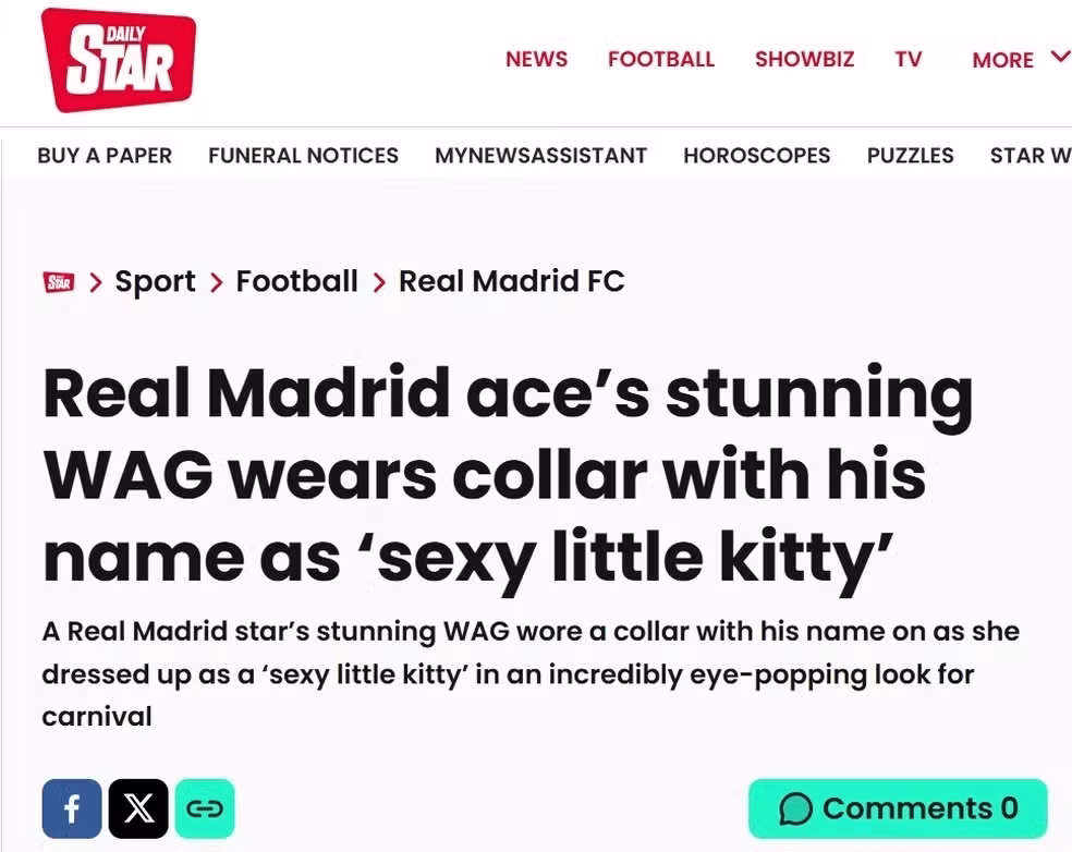 Manchete do jornal Daily Star sobre o look de Virginia inspirado em Luma de Oliveira • Reprodução/Daily Star