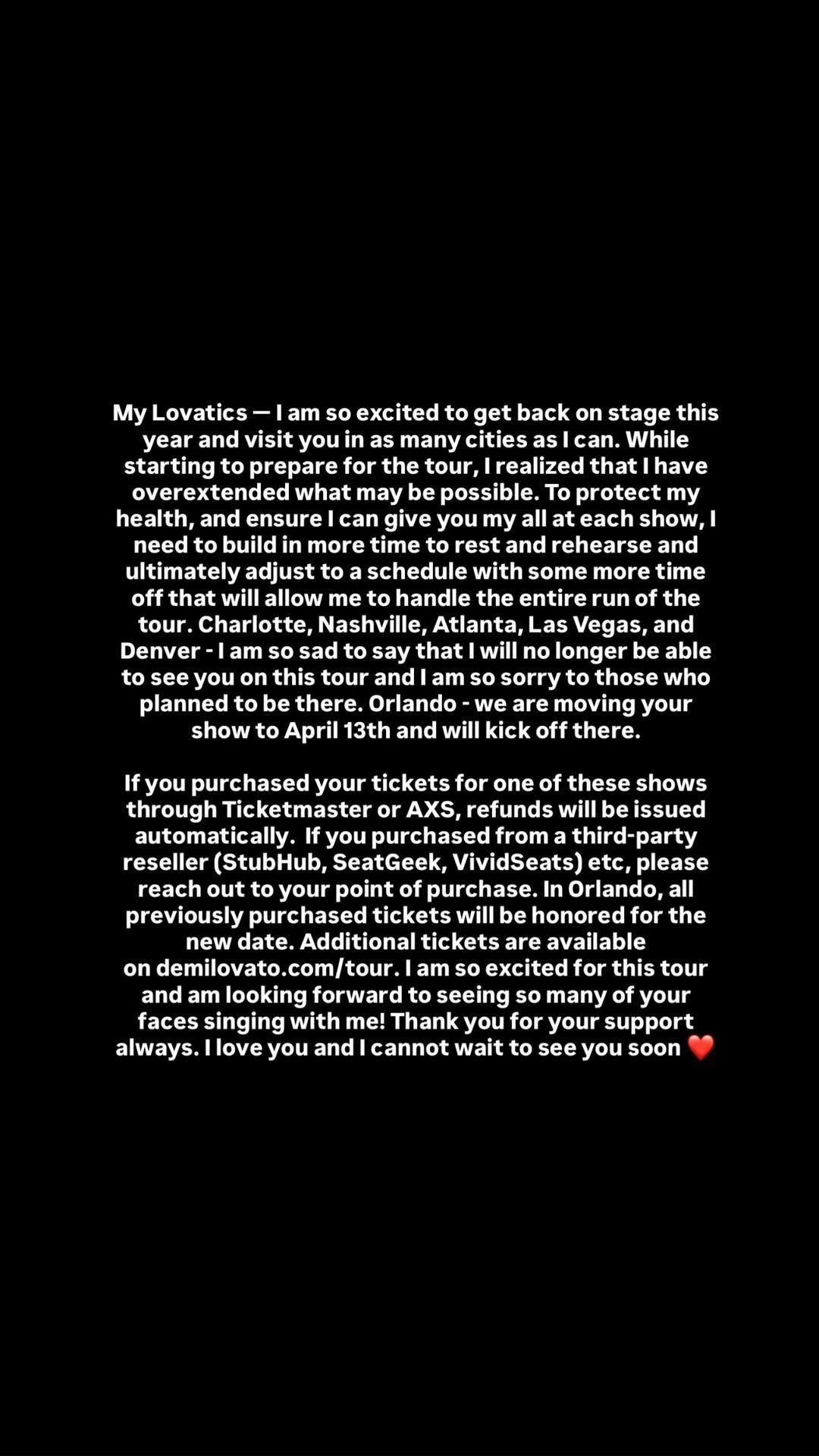 Anúncio de cancelamento de datas da turnê de Demi Lovato pelos Estados Unidos • Instagram/Demi Lovato