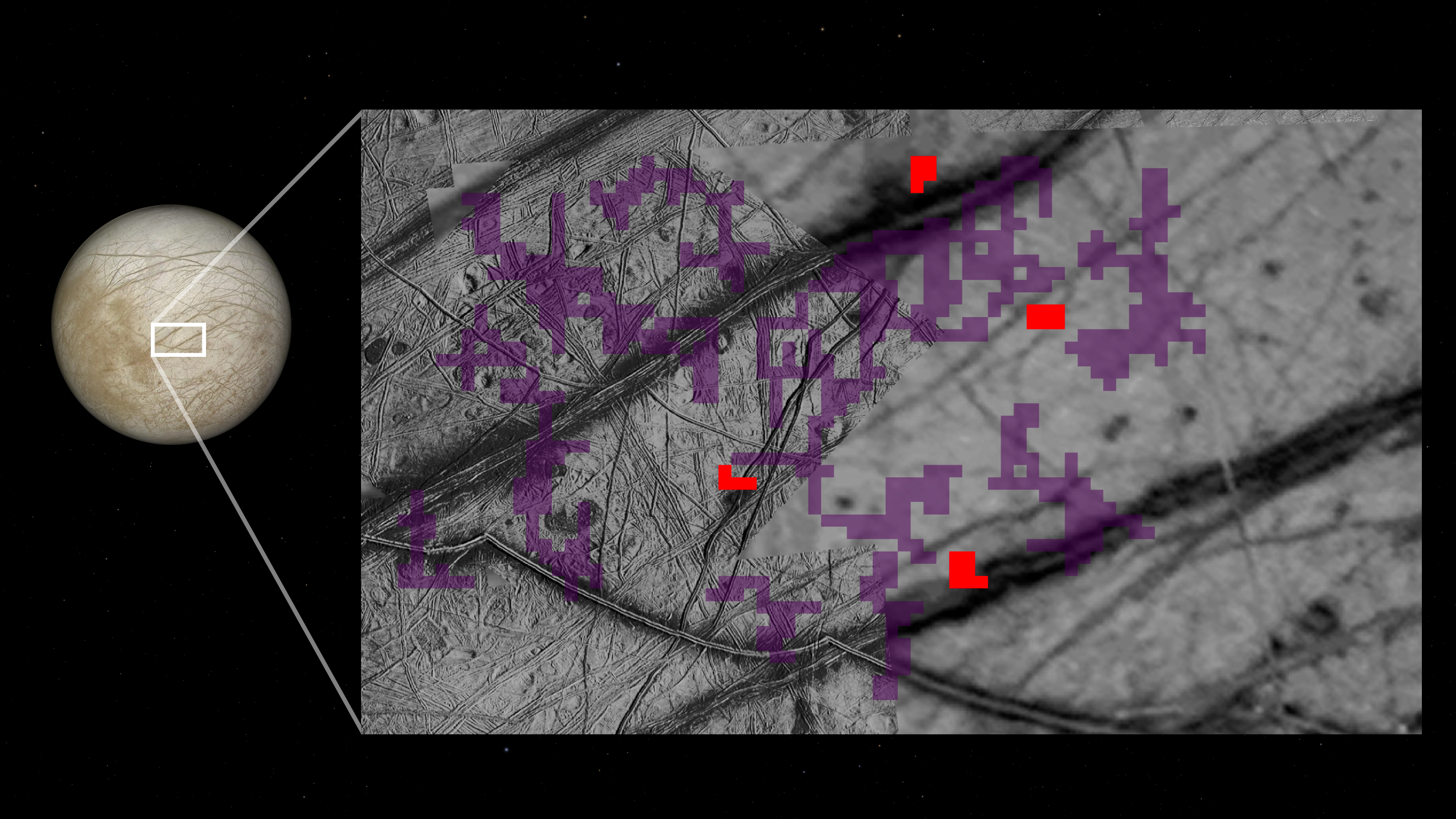 Nesta imagem composta, os pixels vermelhos marcam os locais na superfície de Europa onde foram detectados compostos contendo amônia • NASA/JPL-Caltech