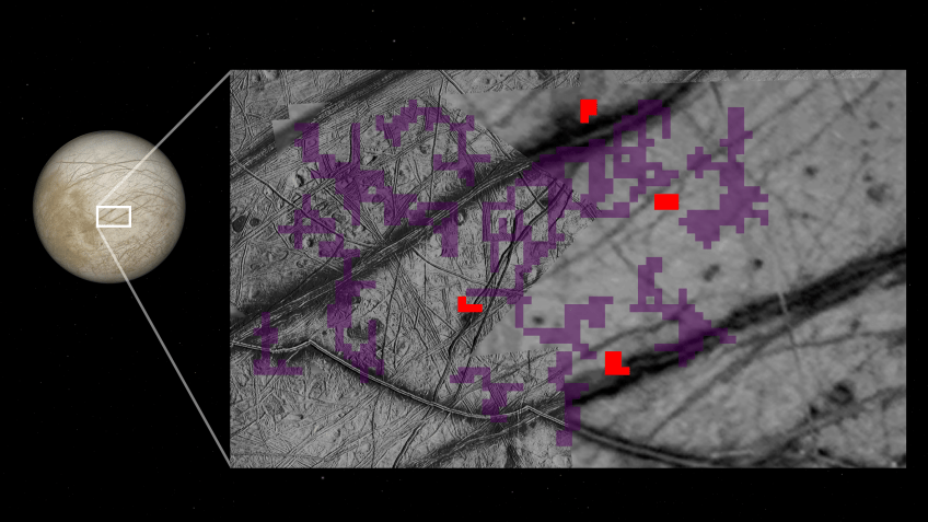 Nesta imagem composta, os pixels vermelhos marcam os locais na superfície de Europa onde foram detectados compostos contendo amônia • NASA/JPL-Caltech